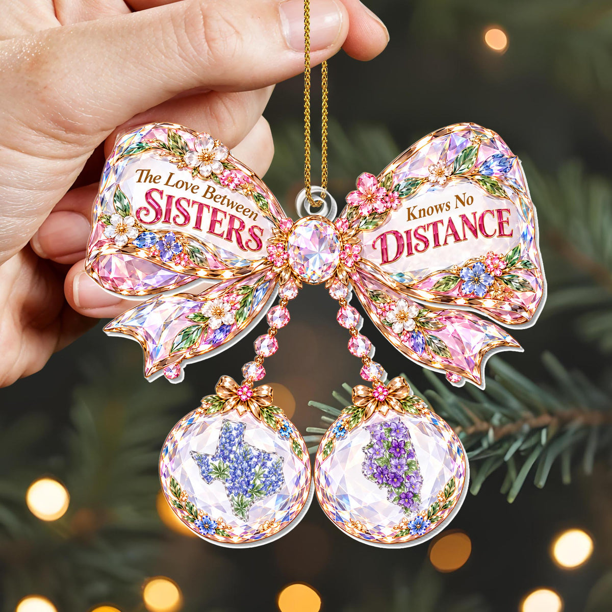 The Love Between Sisters Knows No Distance Floral Crystal Bow With State Art - Personalized Custom Acrylic Ornament, Christmas Gift - SIS252_ACO