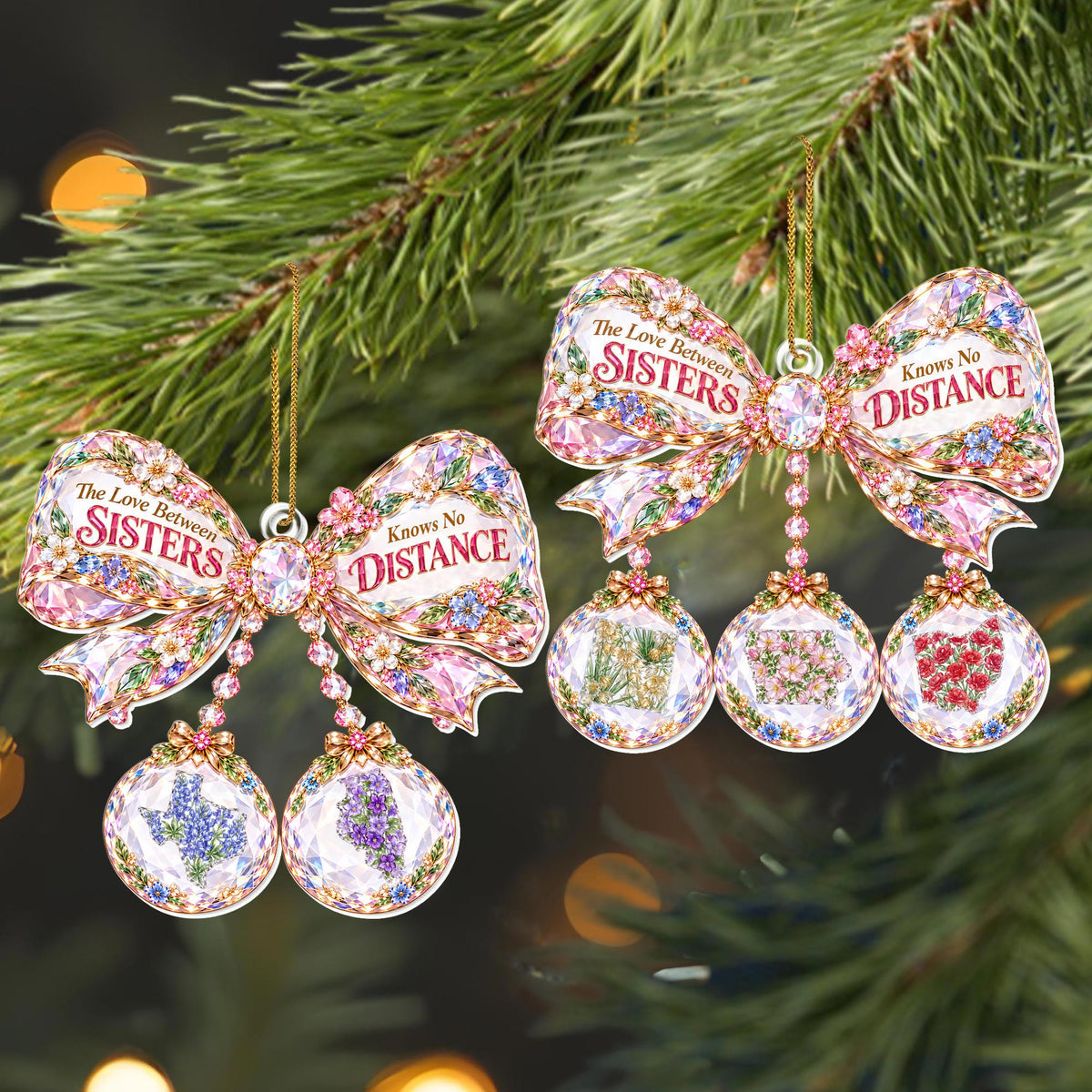 The Love Between Sisters Knows No Distance Floral Crystal Bow With State Art - Personalized Custom Acrylic Ornament, Christmas Gift - SIS252_ACO