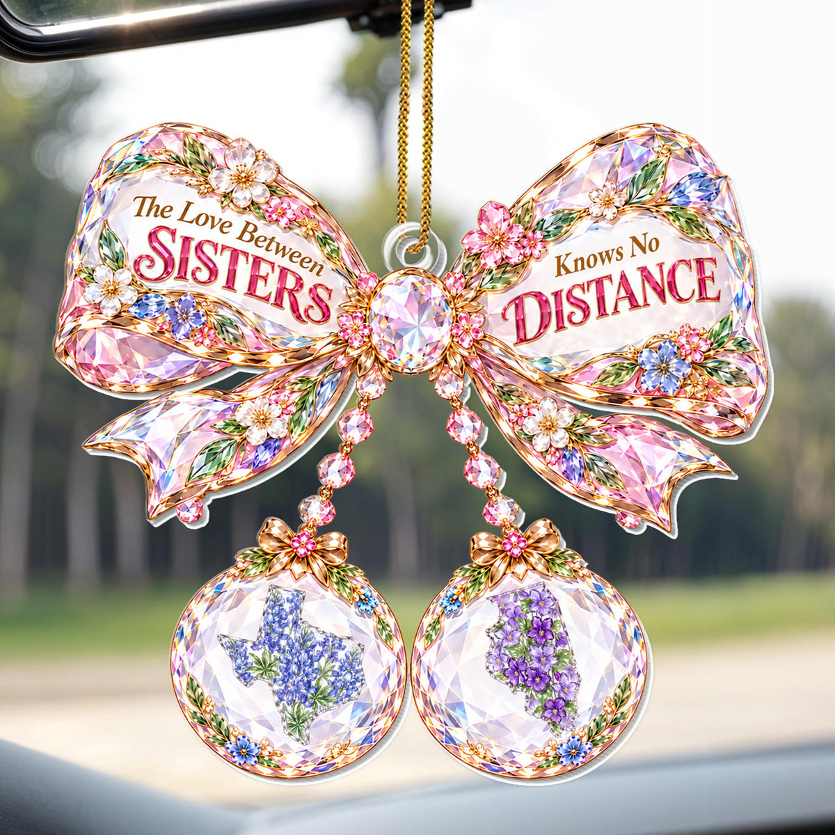 The Love Between Sisters Knows No Distance Floral Crystal Bow With State Art - Personalized Custom Acrylic Ornament, Christmas Gift - SIS252_ACO