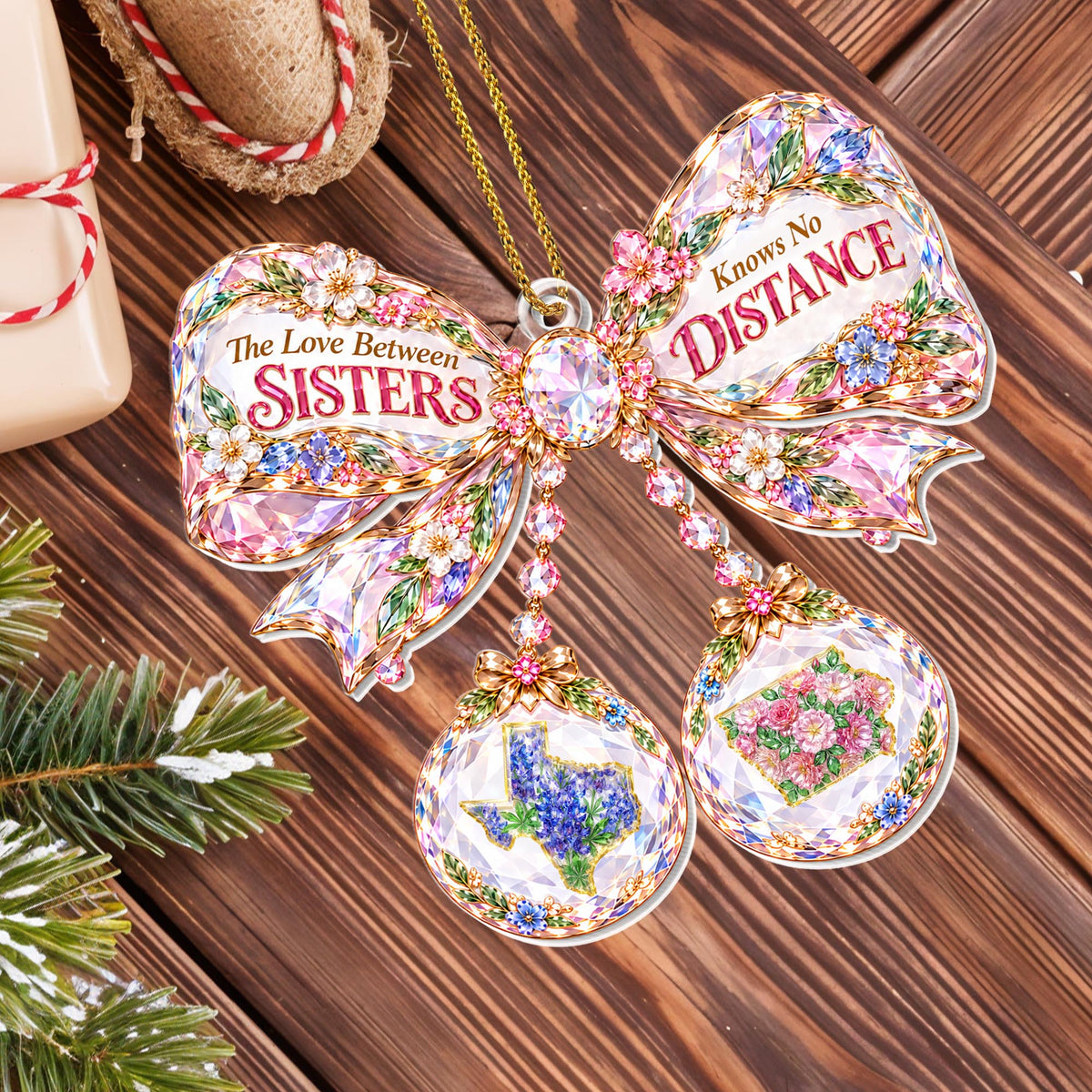 The Love Between Sisters Knows No Distance Crystal Bow With States - Personalized Custom Acrylic Ornament, Christmas Gift - SIS253_ACO