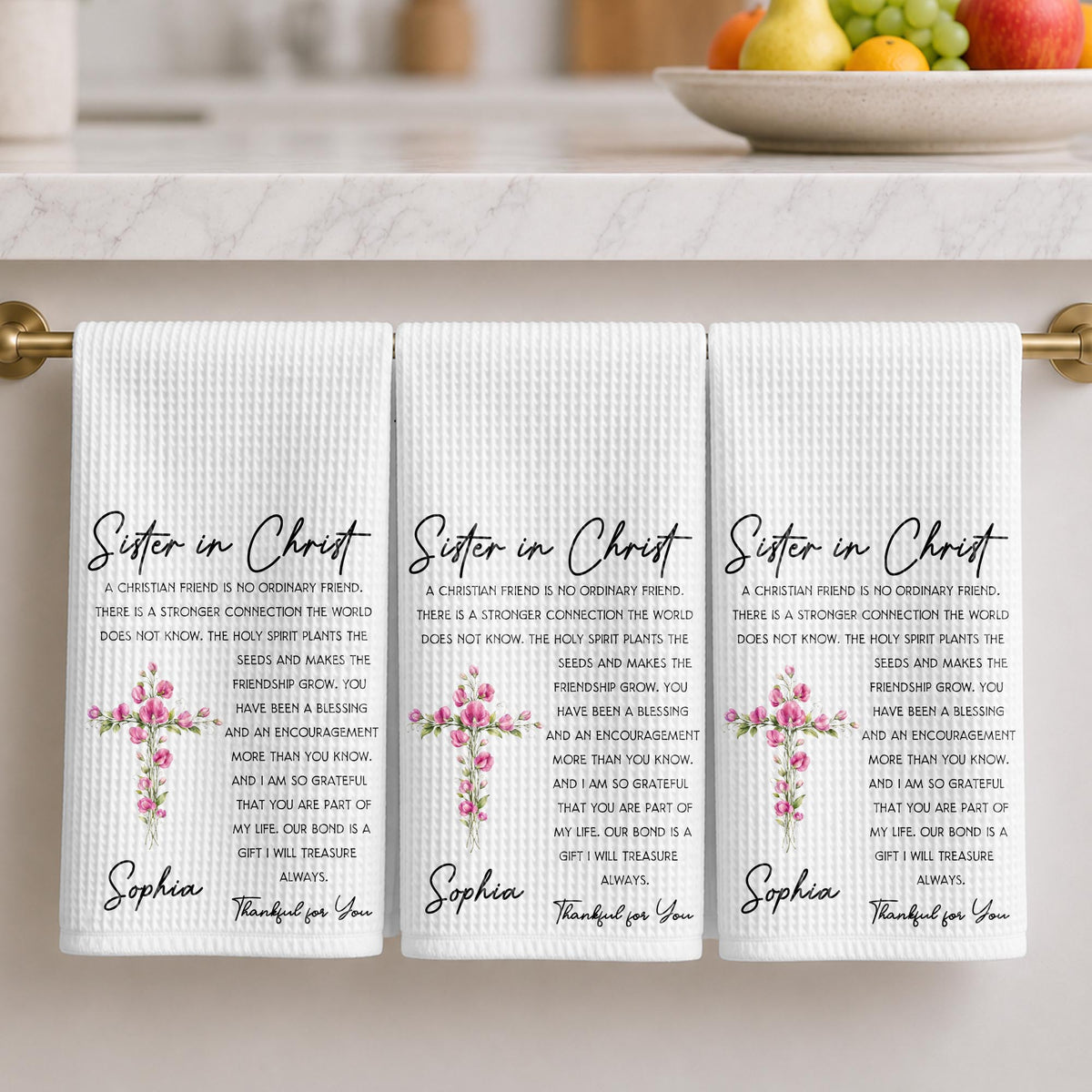 Sister In Christ Floral Cross Friendship Message - Personalized Kitchen Towel - SIS286_TOWL
