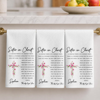 Sister In Christ Floral Cross Friendship Message - Personalized Kitchen Towel - SIS286_TOWL