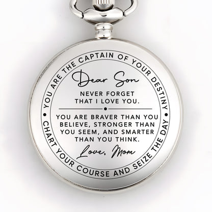 Dear Son Never Forget I Love You Captain Of Your Destiny - Personalized Silver Plated Pocket Watch - SON132_SWATCH