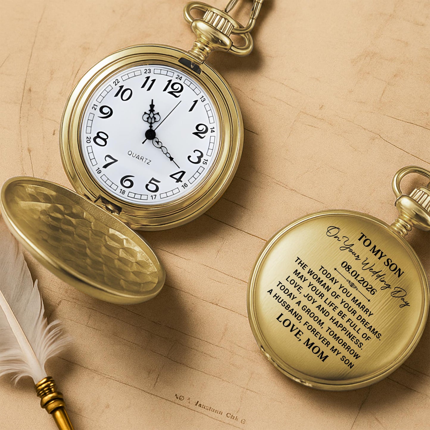 To My Son On Your Wedding Day Gold Pocket Watch Gift - Personalized Custom Pocket Watch - SON152_GWATCH