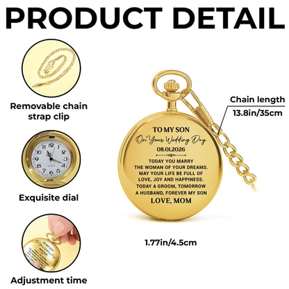 To My Son On Your Wedding Day Gold Pocket Watch Gift - Personalized Custom Pocket Watch - SON152_GWATCH