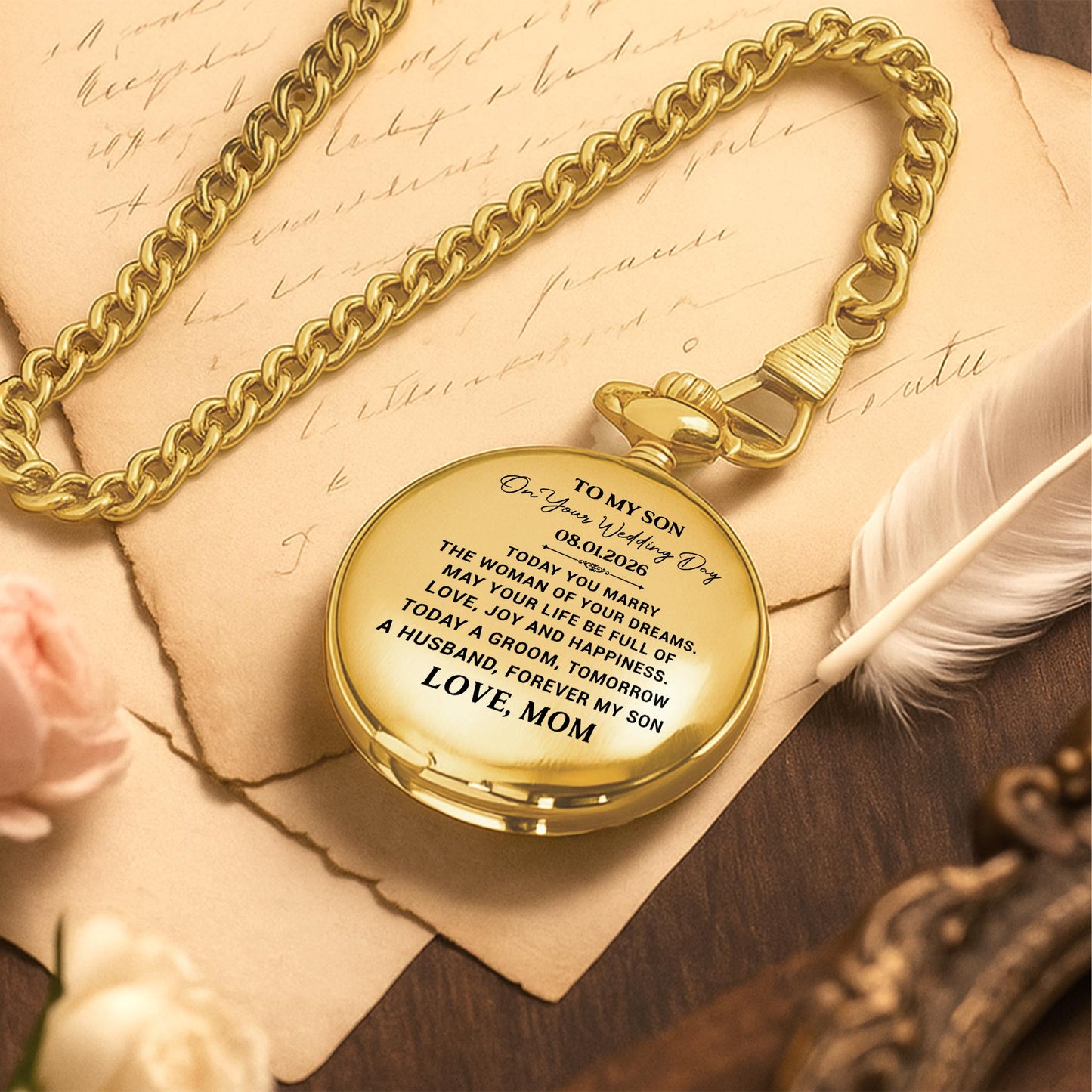 To My Son On Your Wedding Day Gold Pocket Watch Gift - Personalized Custom Pocket Watch - SON152_GWATCH