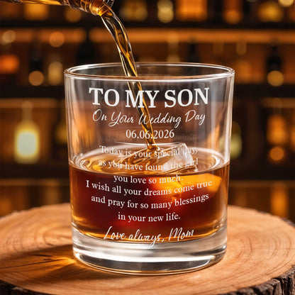 To My Son On Your Wedding Day Elegant Script Typography - Personalized Custom Whiskey Glass - SON196_RWG