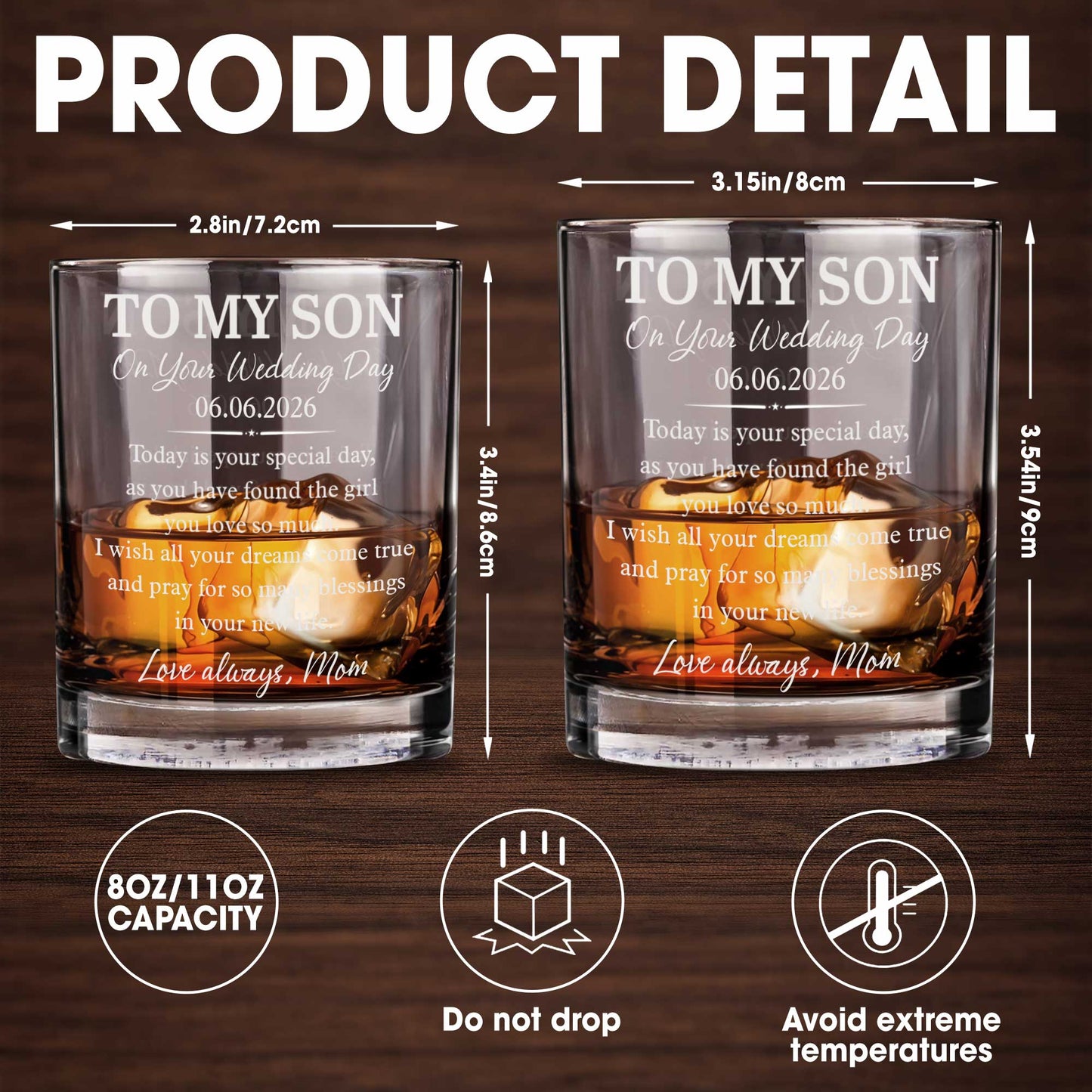 To My Son On Your Wedding Day Elegant Script Typography - Personalized Custom Whiskey Glass - SON196_RWG