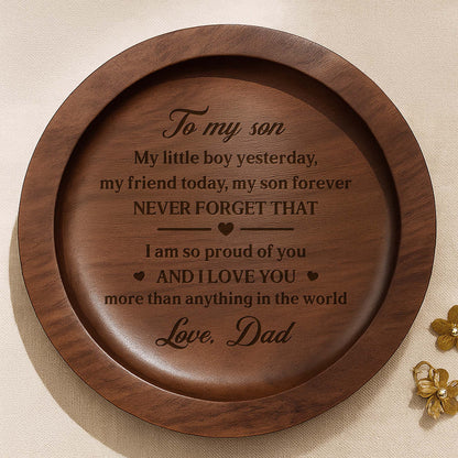 To My Son My Little Boy Yesterday Wood Dish With Heart Design - Personalized Round Wood Ring Dish - SON229_RWOD