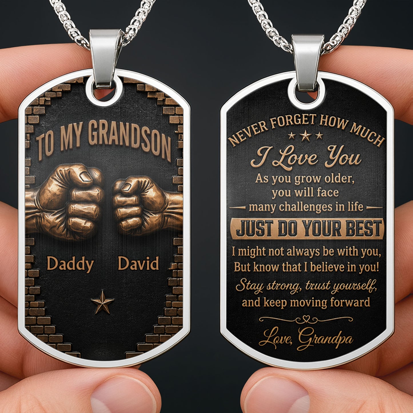To My Son Fist Bump With 3D Gold Effect Star - Personalized Custom Dog Tag Necklace - SON248_DTNECK