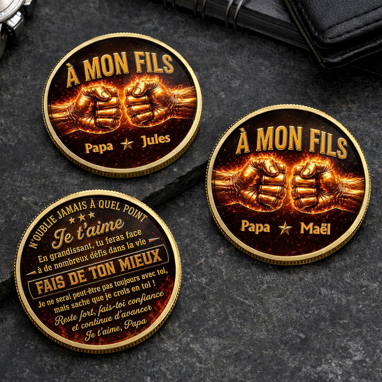 À Mon Fils Papa Fist Bump Fire Custom Name Coin - Custom Commemorative Coin - SON271_KCOIN