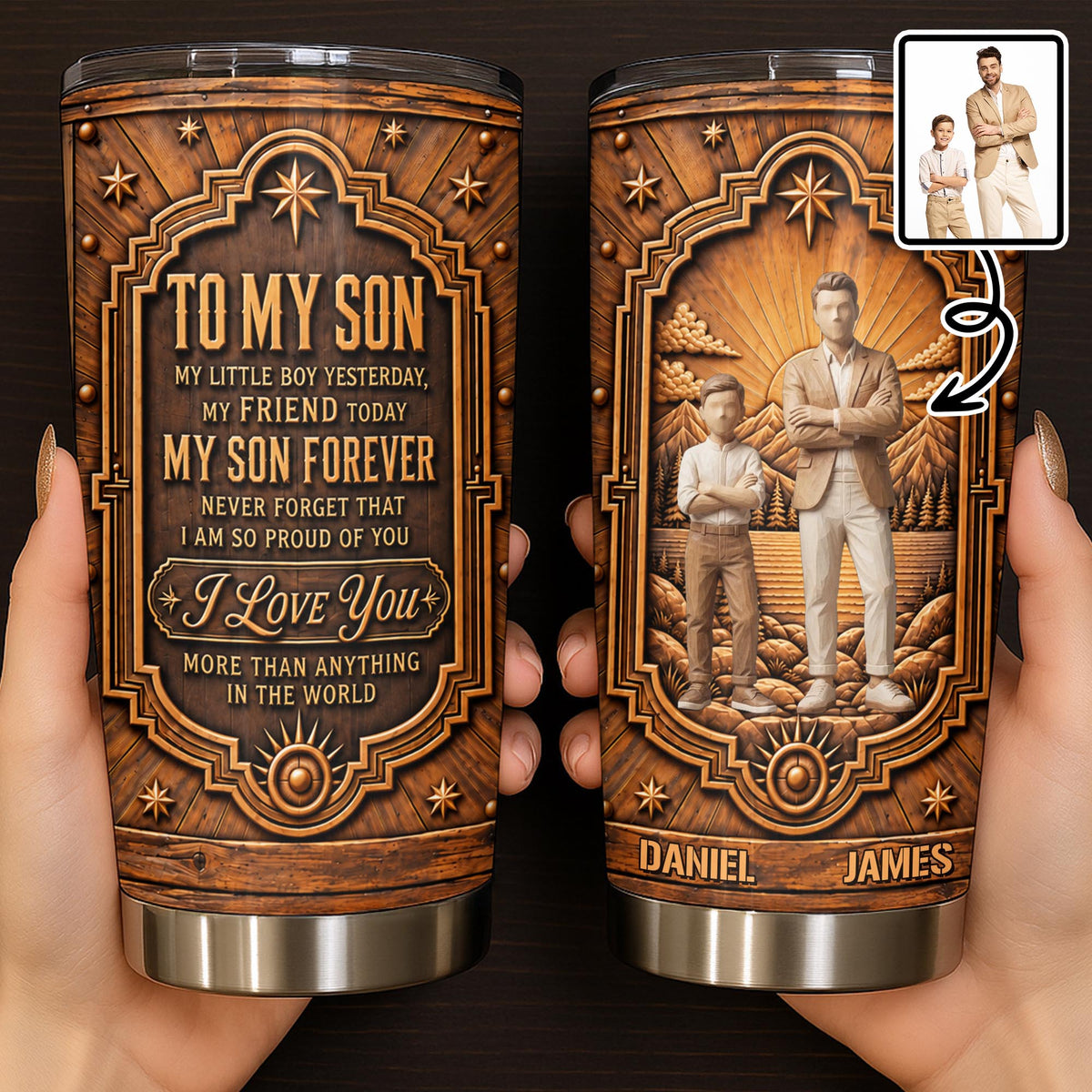 To My Son My Little Boy Wood Carved Style Father Son - Personalized Custom Stainless Steel Tumbler 20oz - SON330_USTUM