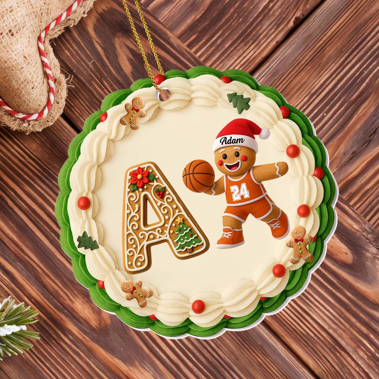 Customizable Christmas Ornament With Gingerbread And Basketball