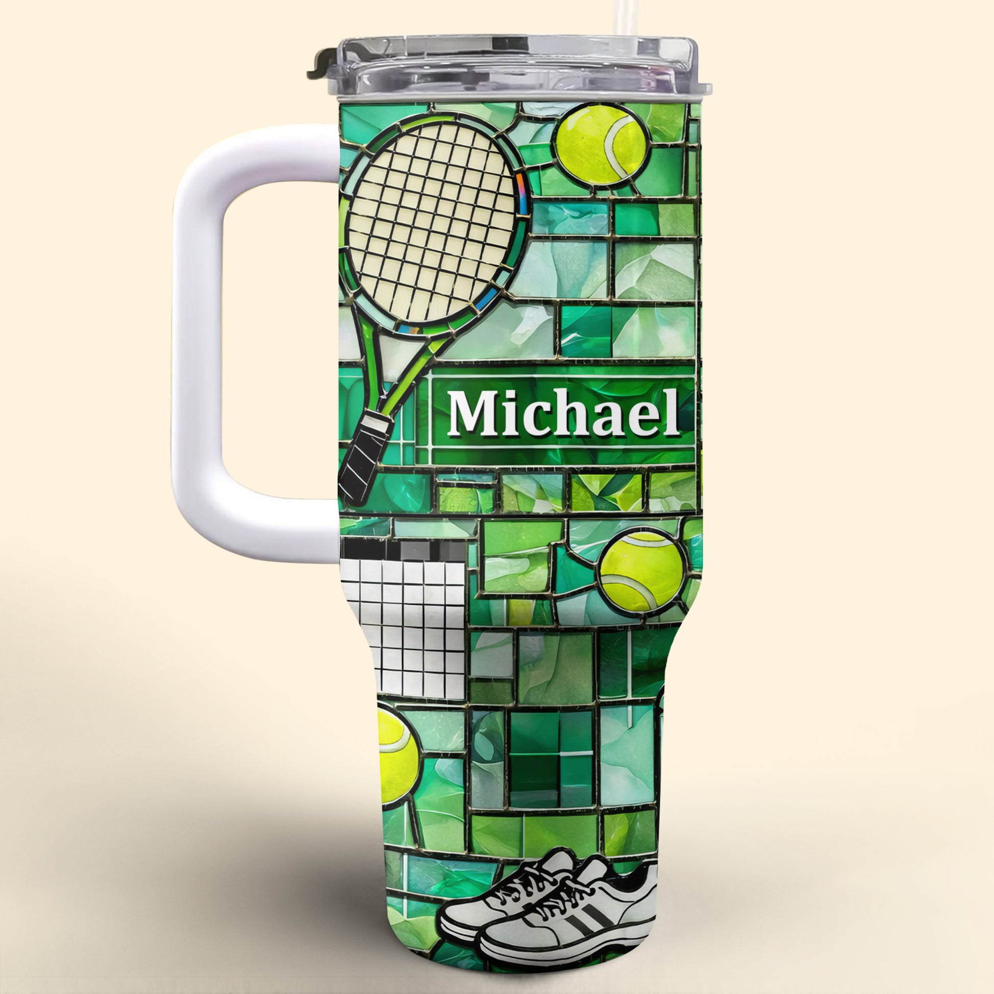 Stained Glass Tennis Racket And Balls Design