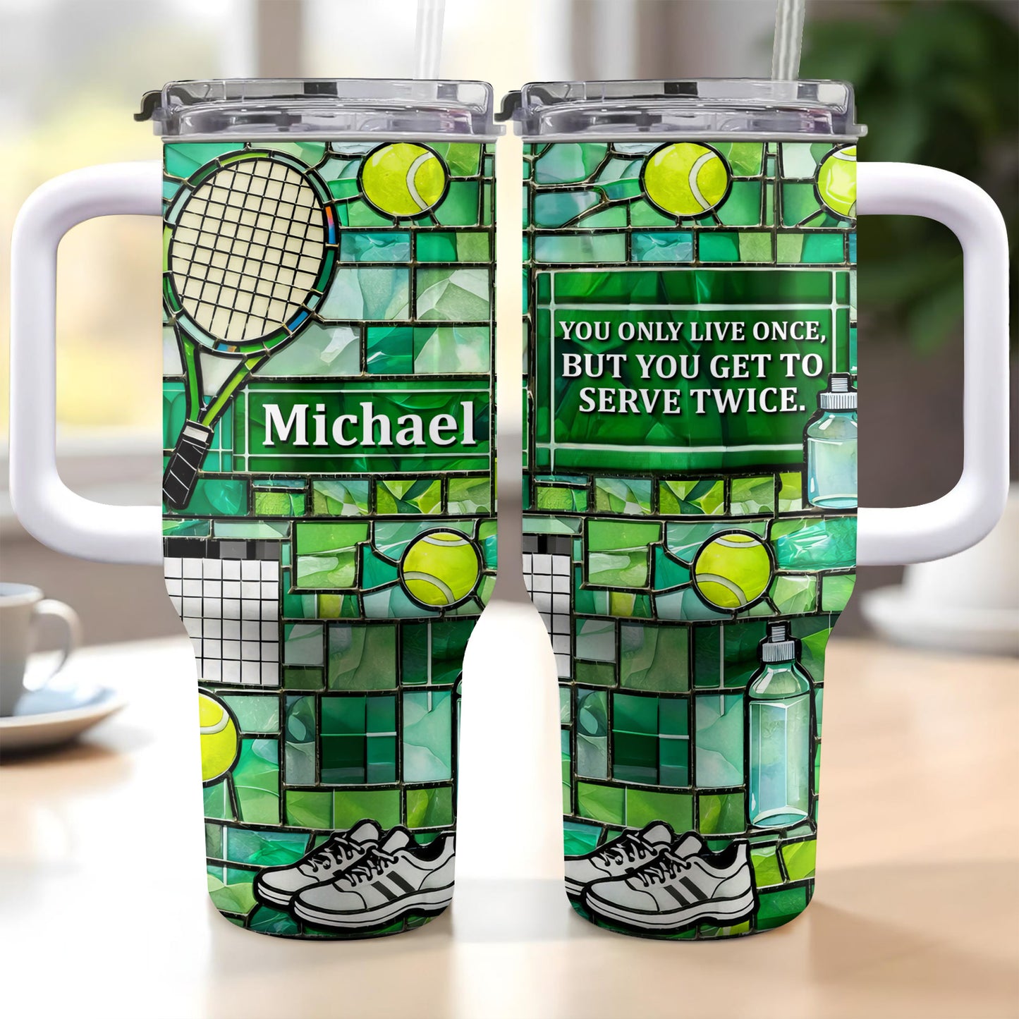 Stained Glass Tennis Racket And Balls Design