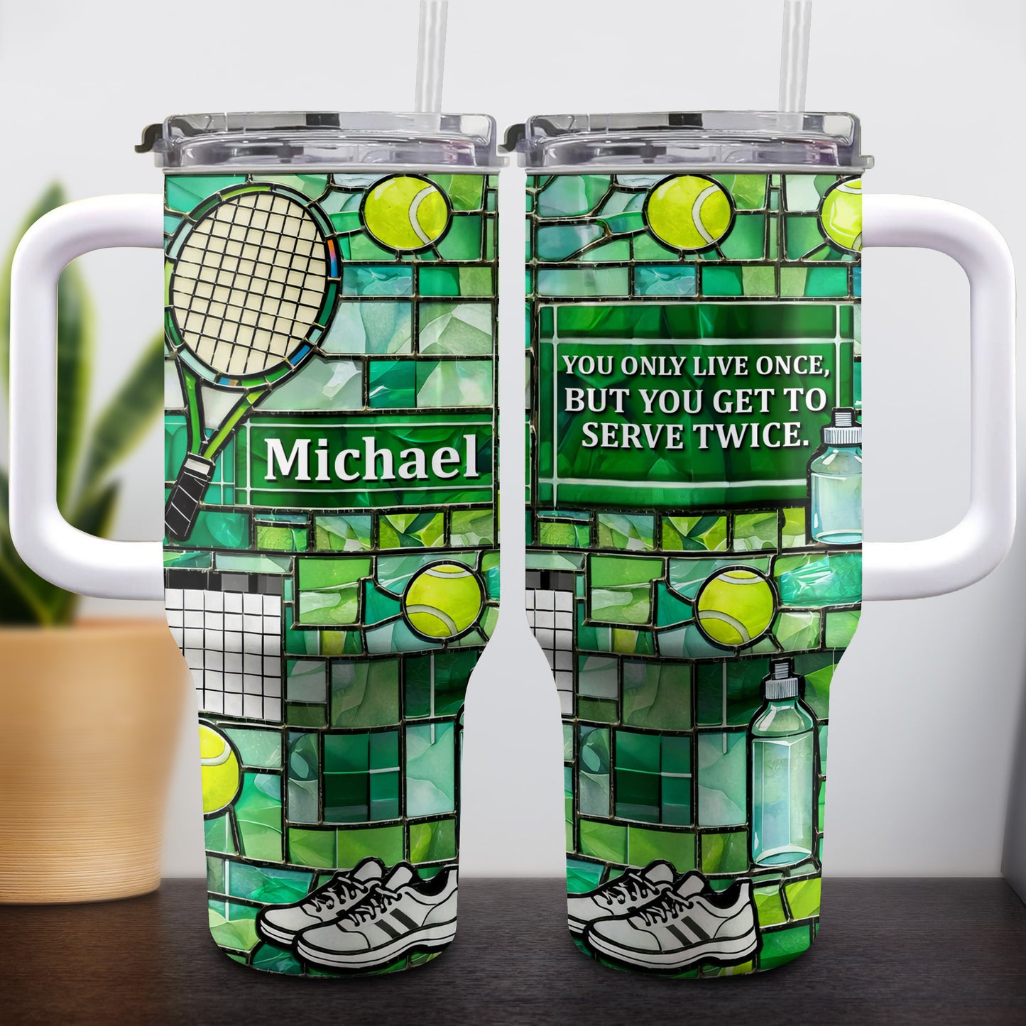 Stained Glass Tennis Racket And Balls Design
