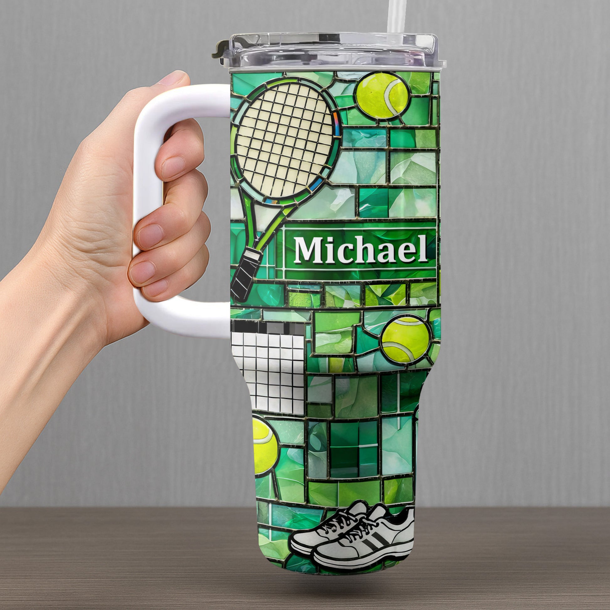 Stained Glass Tennis Racket And Balls Design