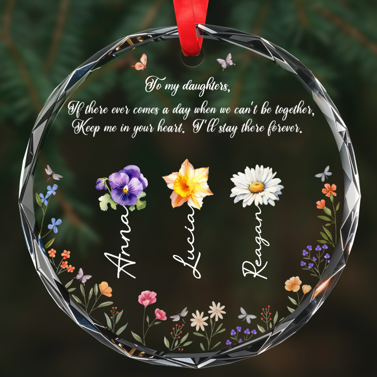 Message sincère à ma petite-fille avec fleurs et papillons – Décoration en verre personnalisée en forme de cercle – GDT057_CGOR 