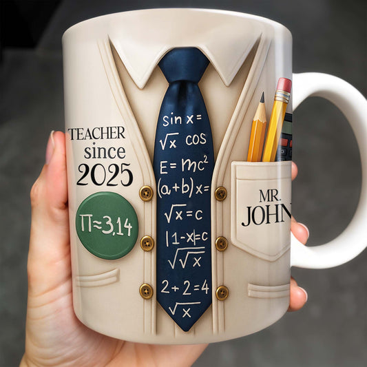 Teacher Since 2025, Pi=3.14 Necktie, Shirt, Pencil, Brush, Mathematical Equations