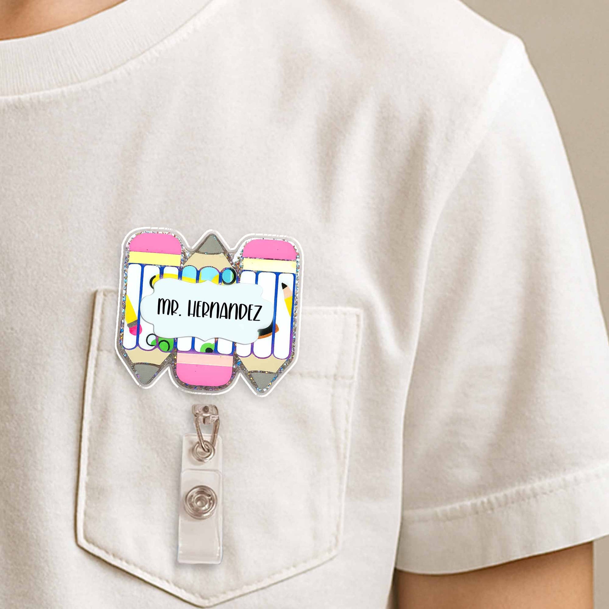 Personalized Teacher Badge Reel With Essential Stationery Design