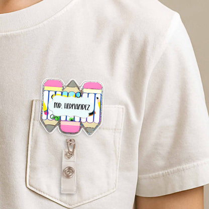 Personalized Teacher Badge Reel With Essential Stationery Design