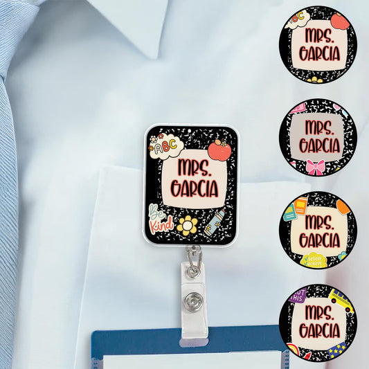 Customize With Your Own Special Message Decorated With Hearts And Flowers - Custom Acrylic Badge Reel - TEACH012_AREEL