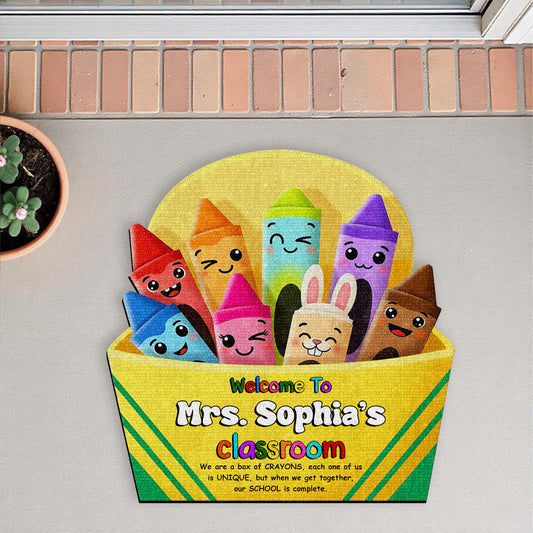 Welcome To Our Colorful World, Crayons And Bunny - Personalized Custom Shaped Doormat - TEACH026_CUDOR