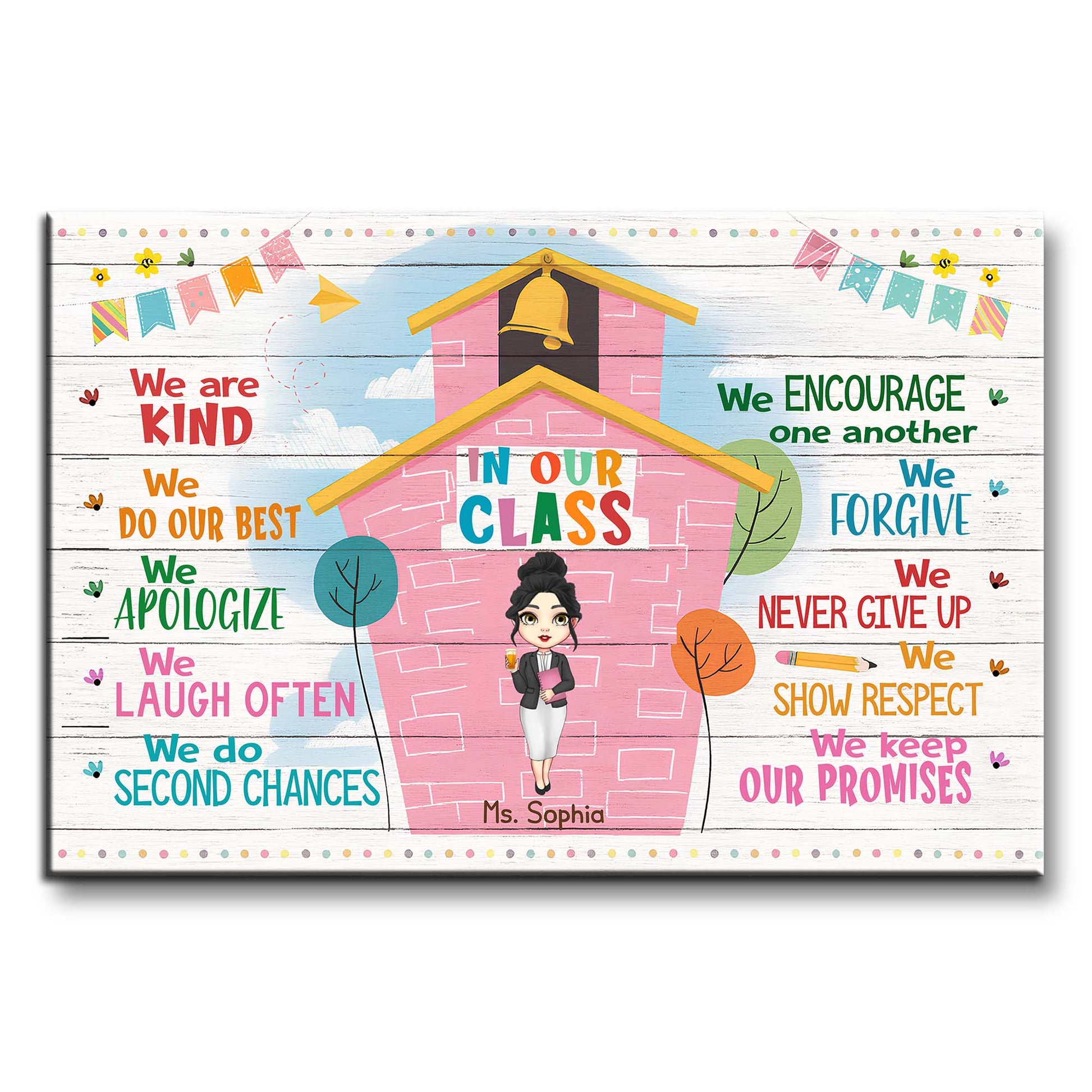 Values We Cultivate In Our Class, Schoolhouse and Animated Teacher