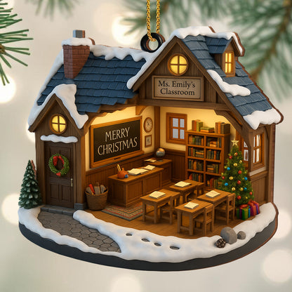 Merry Christmas Schoolhouse Ornament With Wreath And Tree