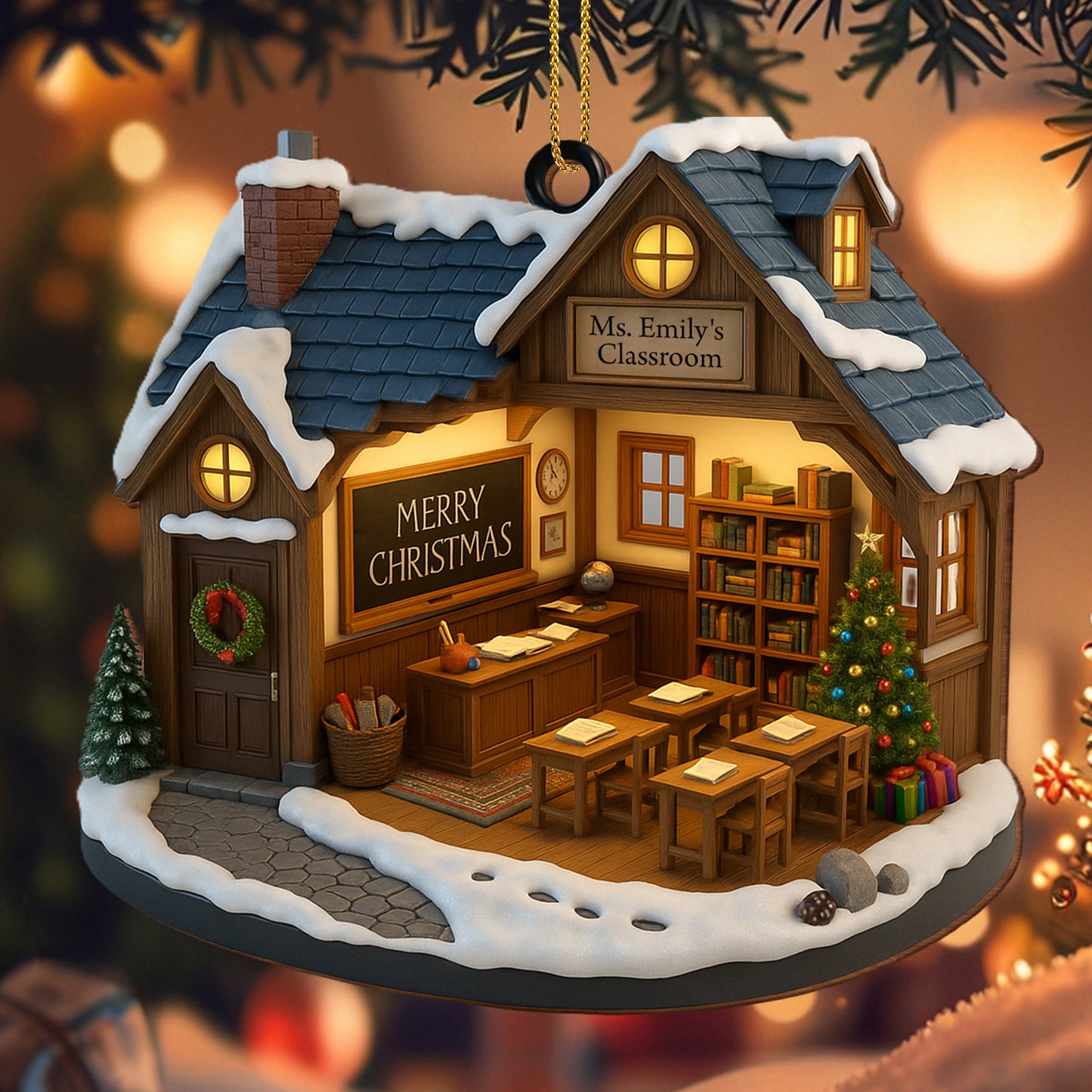 Merry Christmas Schoolhouse Ornament With Wreath And Tree