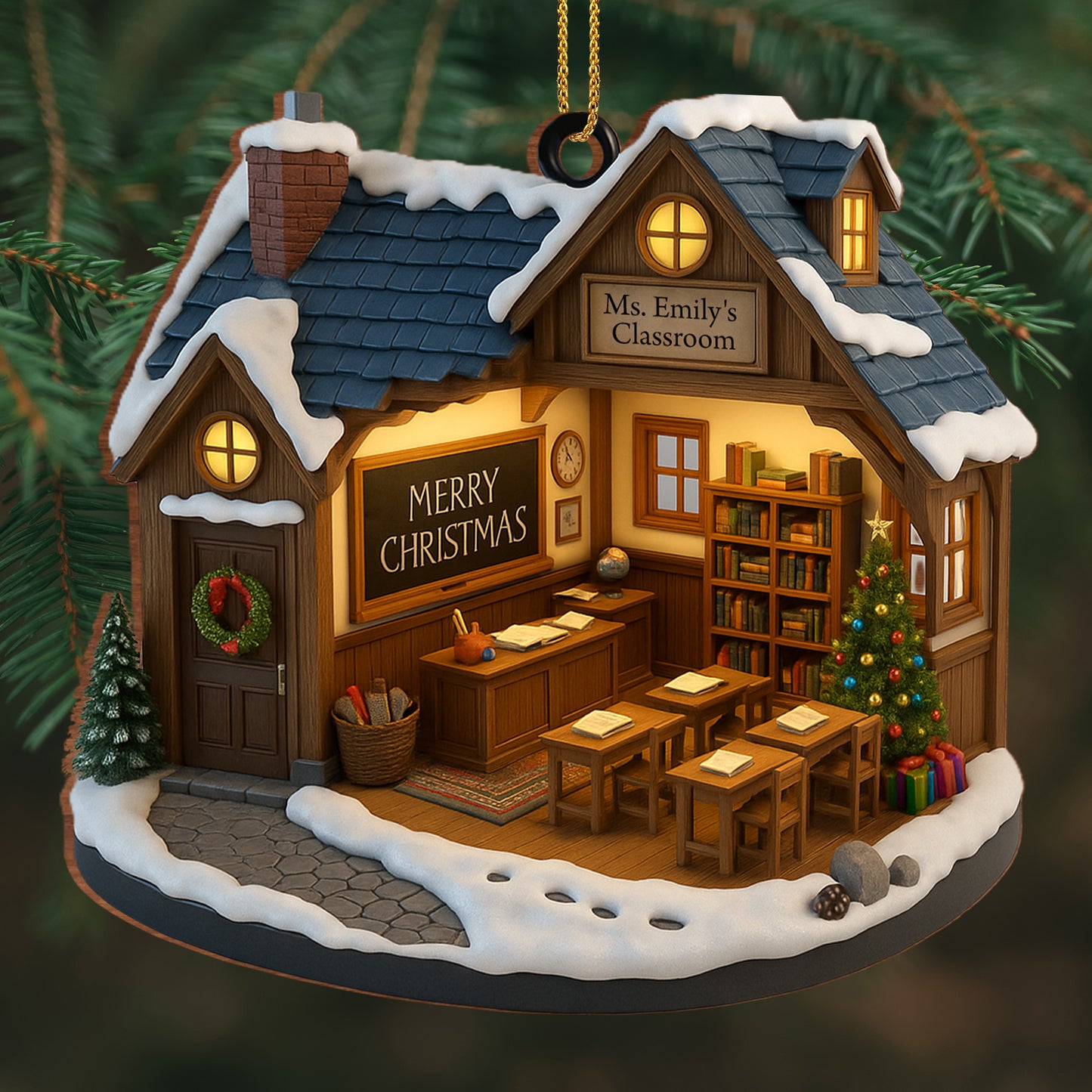 Merry Christmas Schoolhouse Ornament With Wreath And Tree
