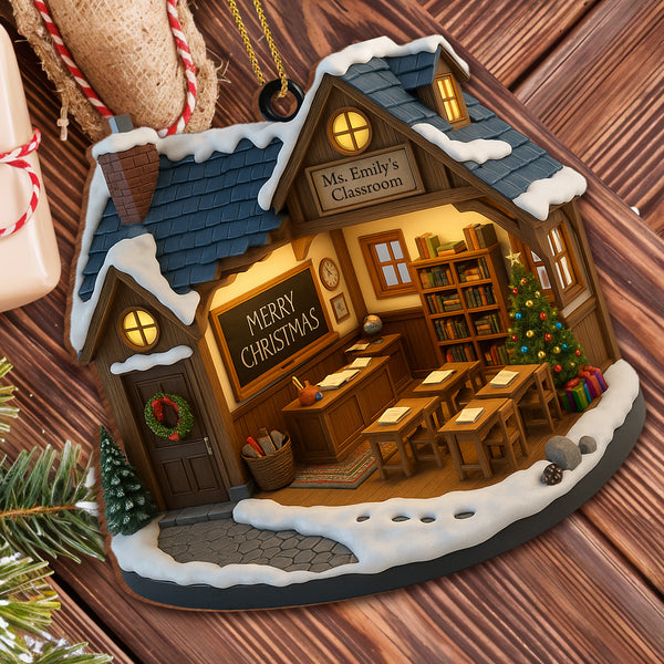 Merry Christmas Schoolhouse Ornament With Wreath And Tree