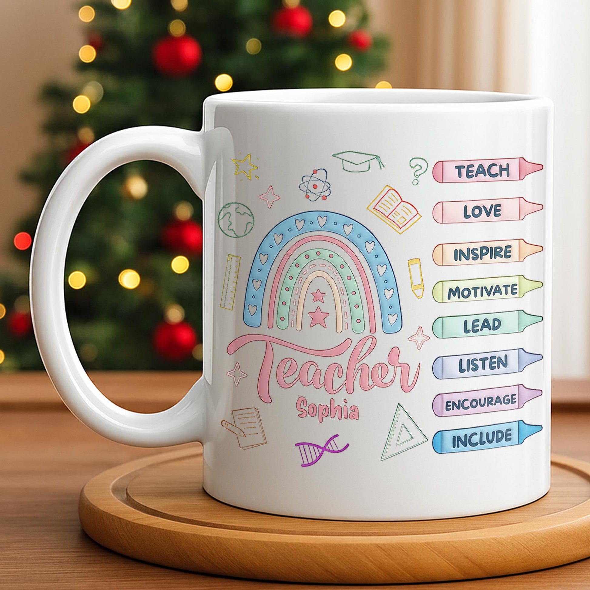 Teach Love Inspire Mug With Rainbow And Educational Icons