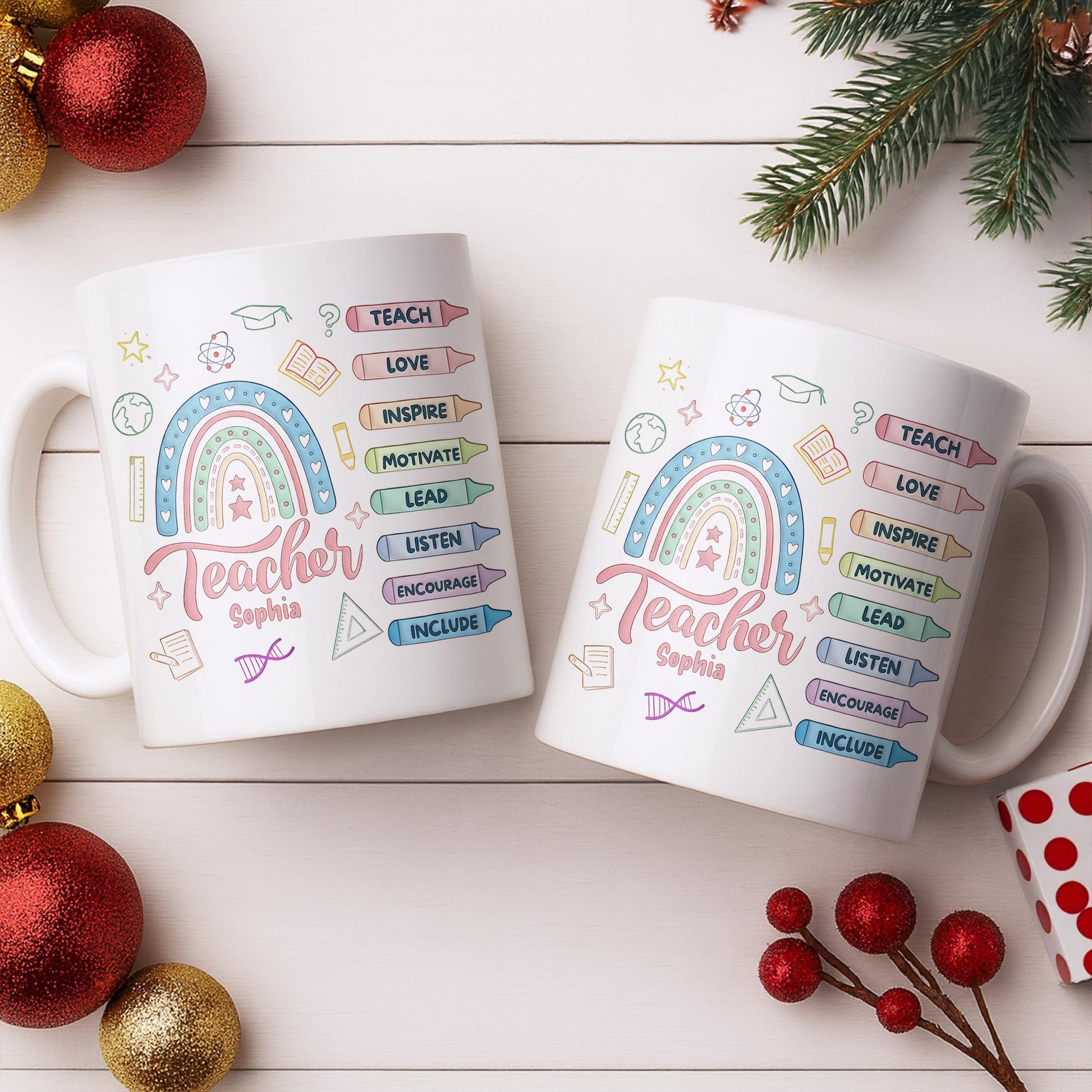 Teach Love Inspire Mug With Rainbow And Educational Icons