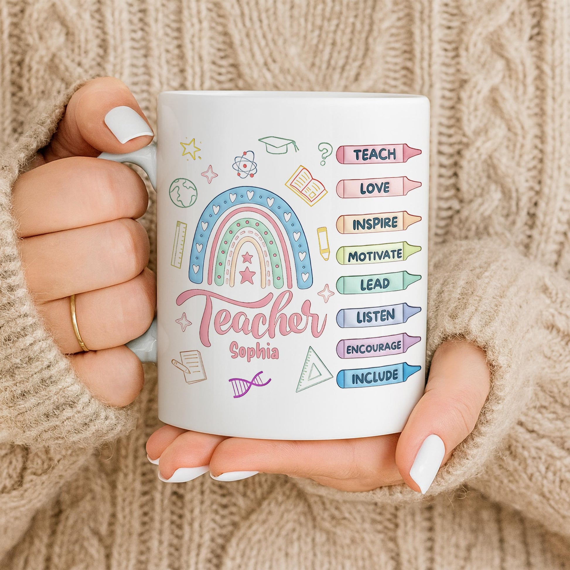 Teach Love Inspire Mug With Rainbow And Educational Icons