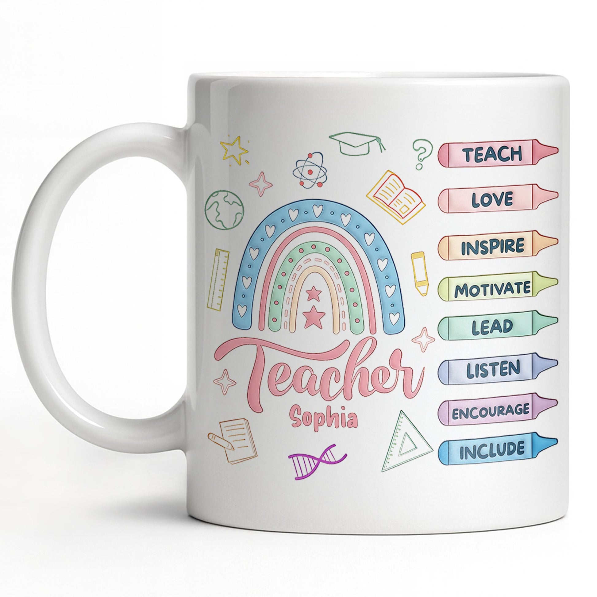 Teach Love Inspire Mug With Rainbow And Educational Icons