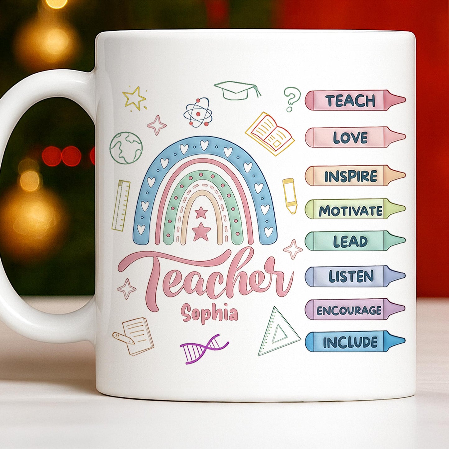 Teach Love Inspire Mug With Rainbow And Educational Icons