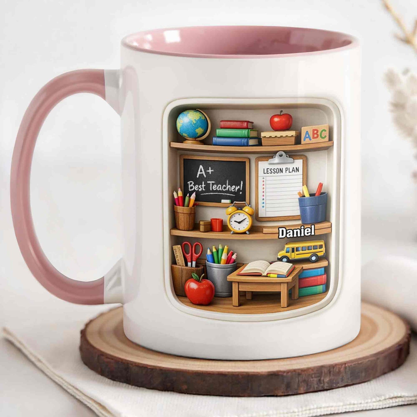 A+ Best Teacher Bookshelf With Apple And School Bus