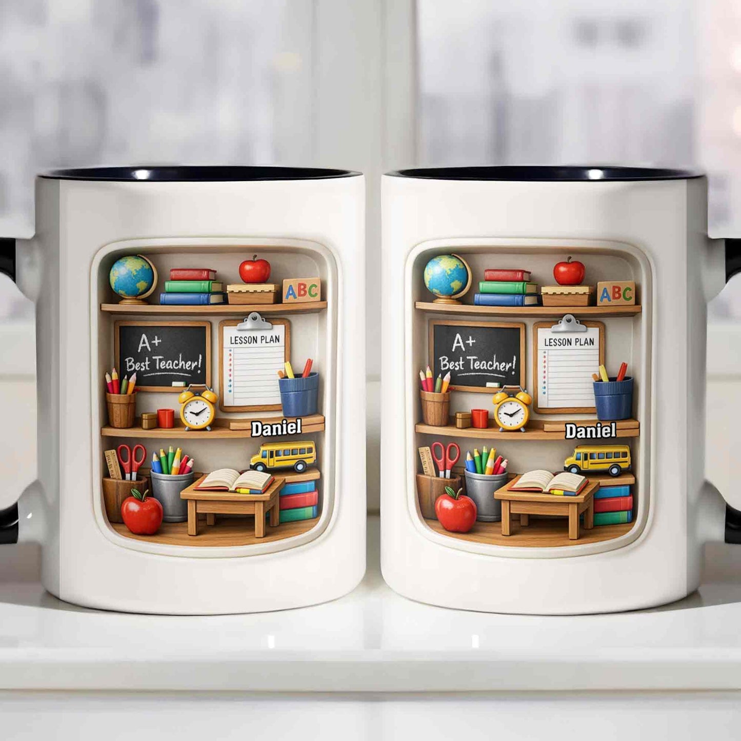 A+ Best Teacher Bookshelf With Apple And School Bus