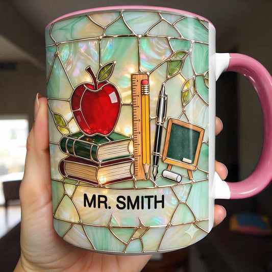 An Apple For The Teacher Stained Glass Design With Books And Ruler - Personalized Custom Accent Mug - TEACH071_AMUG