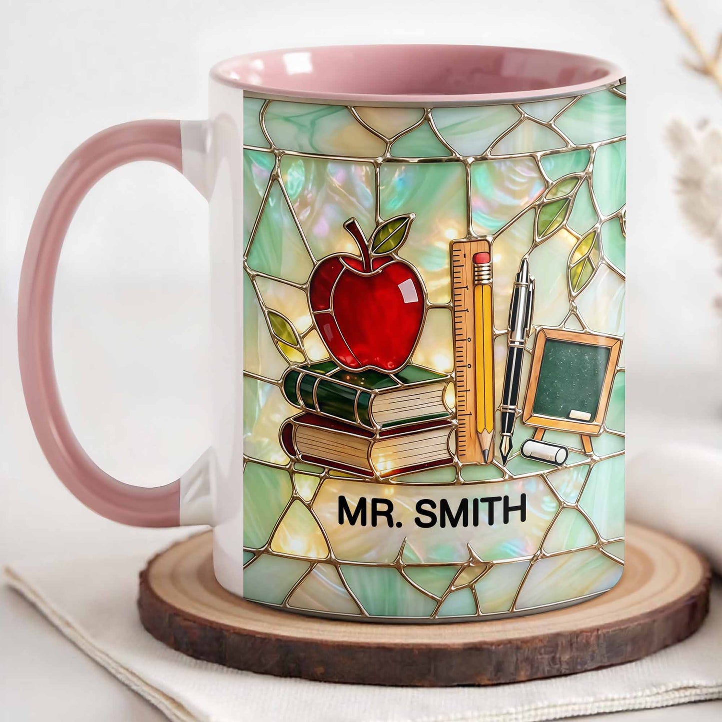 An Apple For The Teacher Stained Glass Design With Books And Ruler - Personalized Custom Accent Mug - TEACH071_AMUG