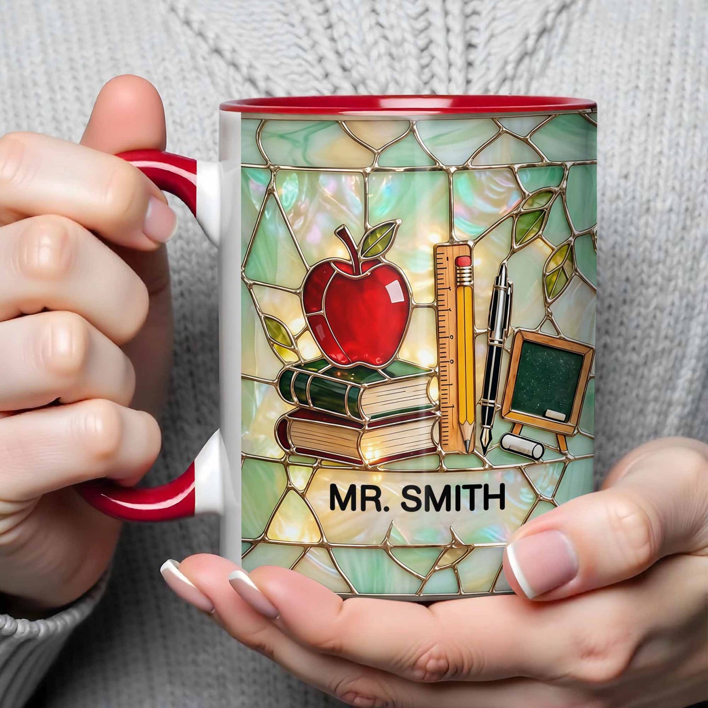 An Apple For The Teacher Stained Glass Design With Books And Ruler - Personalized Custom Accent Mug - TEACH071_AMUG