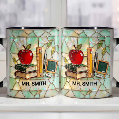 An Apple For The Teacher Stained Glass Design With Books And Ruler - Personalized Custom Accent Mug - TEACH071_AMUG