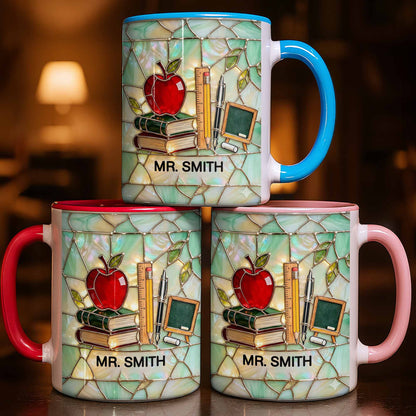 An Apple For The Teacher Stained Glass Design With Books And Ruler - Personalized Custom Accent Mug - TEACH071_AMUG