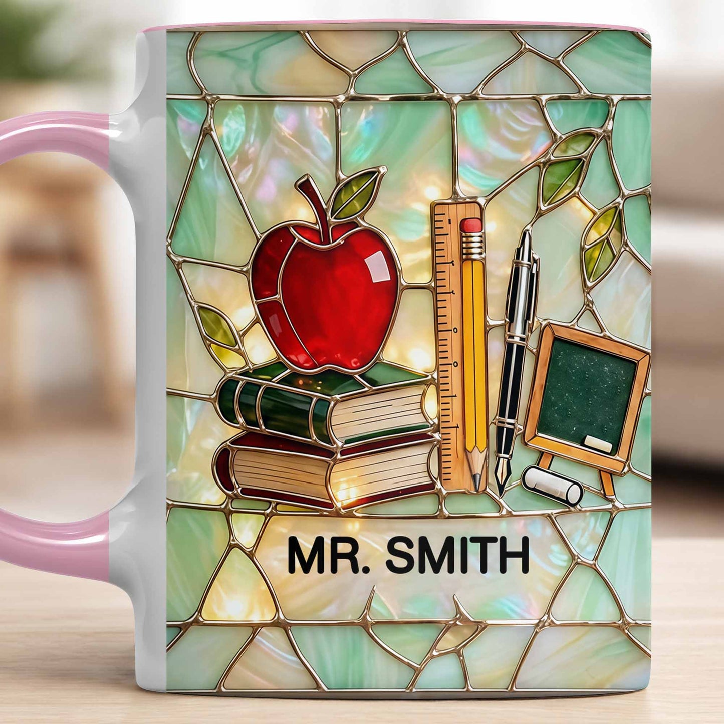 An Apple For The Teacher Stained Glass Design With Books And Ruler - Personalized Custom Accent Mug - TEACH071_AMUG