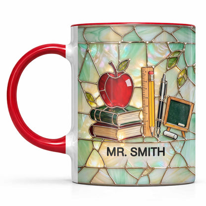 An Apple For The Teacher Stained Glass Design With Books And Ruler - Personalized Custom Accent Mug - TEACH071_AMUG