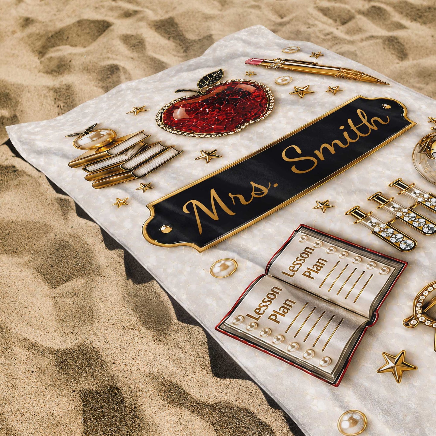 Lesson Plan Apple and Books 3D Jewelry Effect Design - Personalized Beach Towel - TEACH189_BETO
