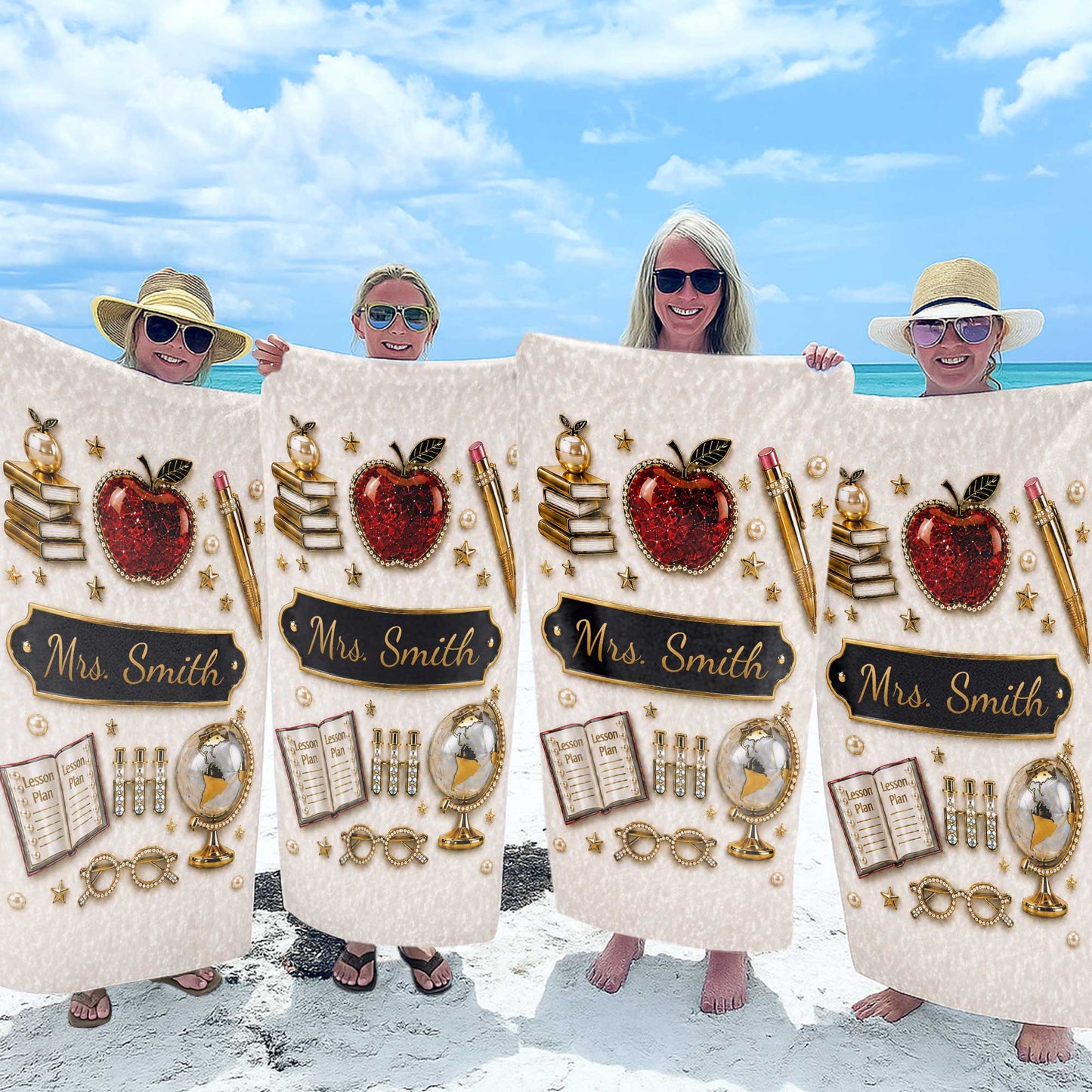 Lesson Plan Apple and Books 3D Jewelry Effect Design - Personalized Beach Towel - TEACH189_BETO