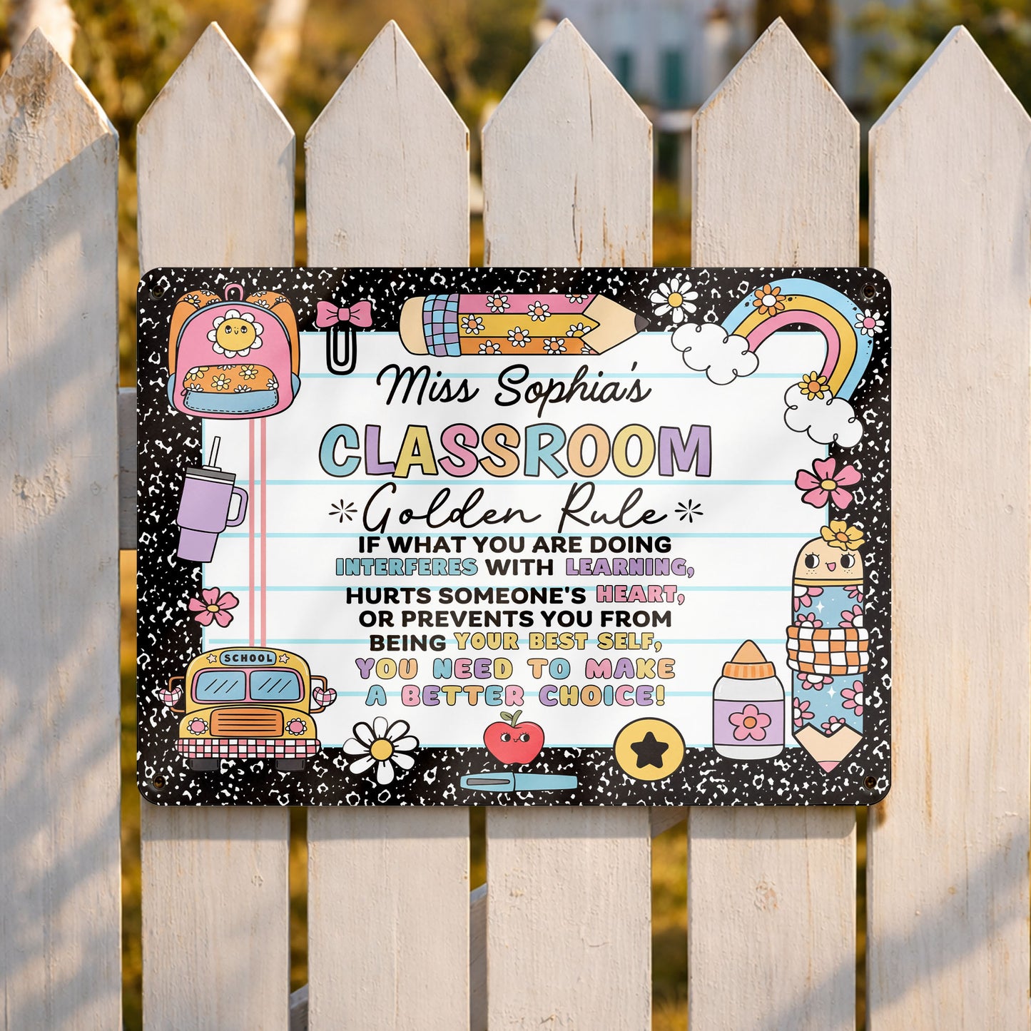My Classroom Golden Rule With School Bus And Rainbow Decor - Personalized Metal Sign - TEACH263_MSIGN