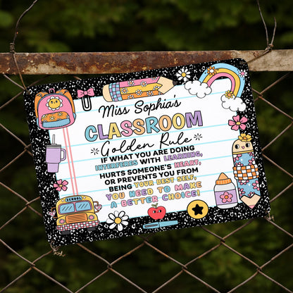 My Classroom Golden Rule With School Bus And Rainbow Decor - Personalized Metal Sign - TEACH263_MSIGN
